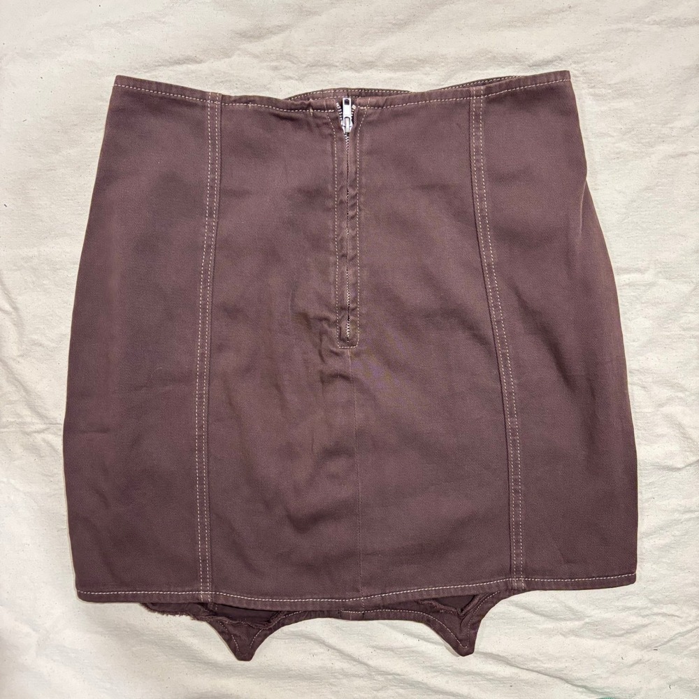 Boohoo Blue Chocolate Brown Corset Hook & Eye Denim Mini Skirt US 10 NEW - Picture 2 of 6